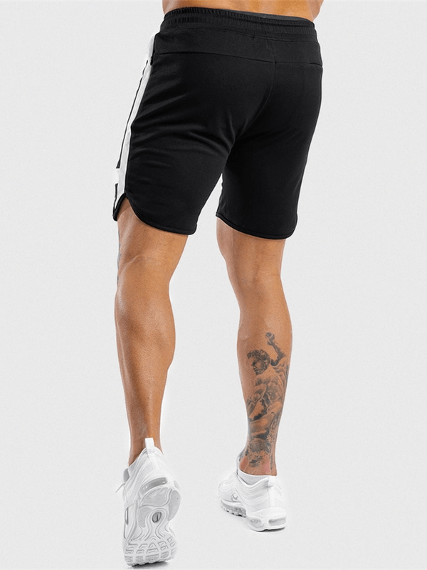 Back view of men's sports elastic short training shorts in black with white stripe, designed for workouts and casual wear.